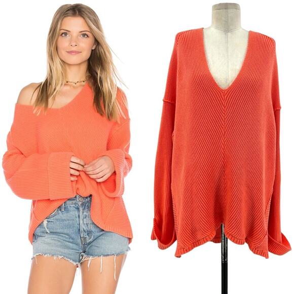 Free People La‎ Brea Sweater V-Neck Ribbed Cuffed Sleeve Coral Orange Size Large - Picture 1 of 13